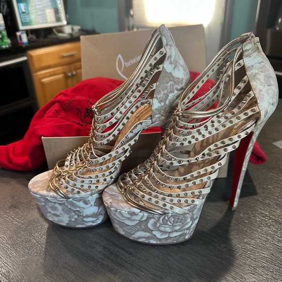 Christian Louboutin Floral Studded Heels - Beige and White - Picture 1 of 8